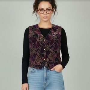 Vintage Retro Purple Velvet Leaf Pattern Whimsigoth Vest 80s Size 14 Fits Large